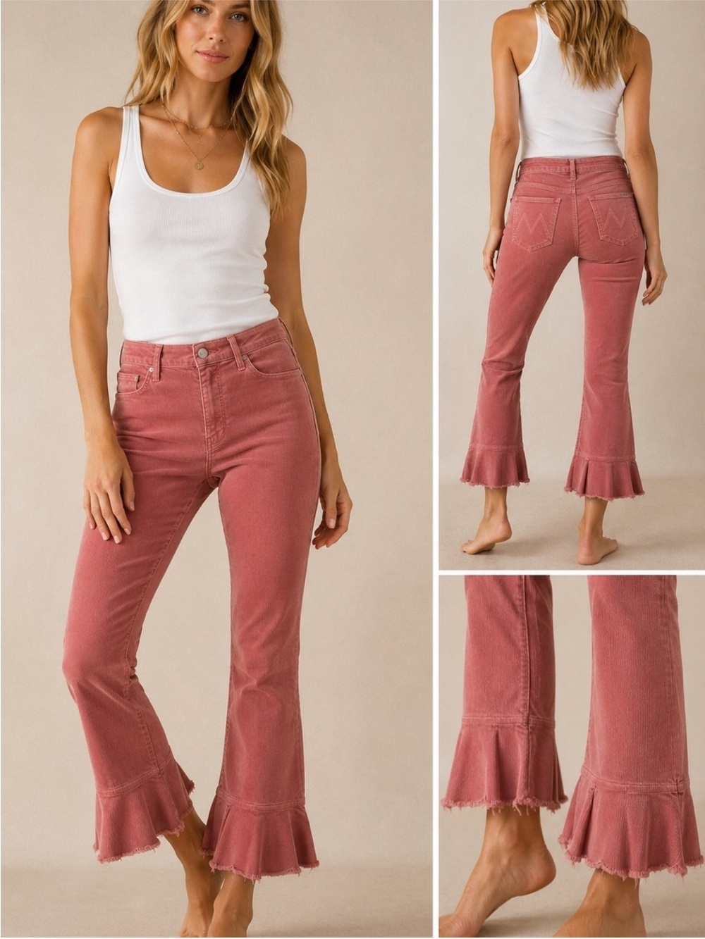 Mother The Cha Cha Chew Pink Corduroy Ruffle-Hem Flare Jeans Size 27 Feminine